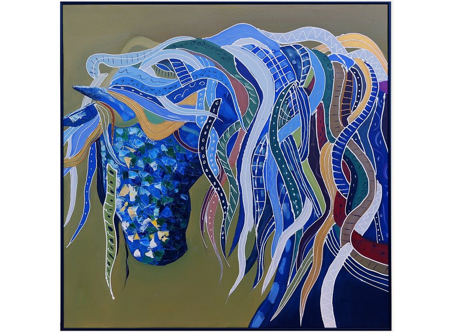 Pittura Ad Olio Dipinto a Mano 3D in Rilievo Cornice Nero 100x100cm Cavallo Verde Blu