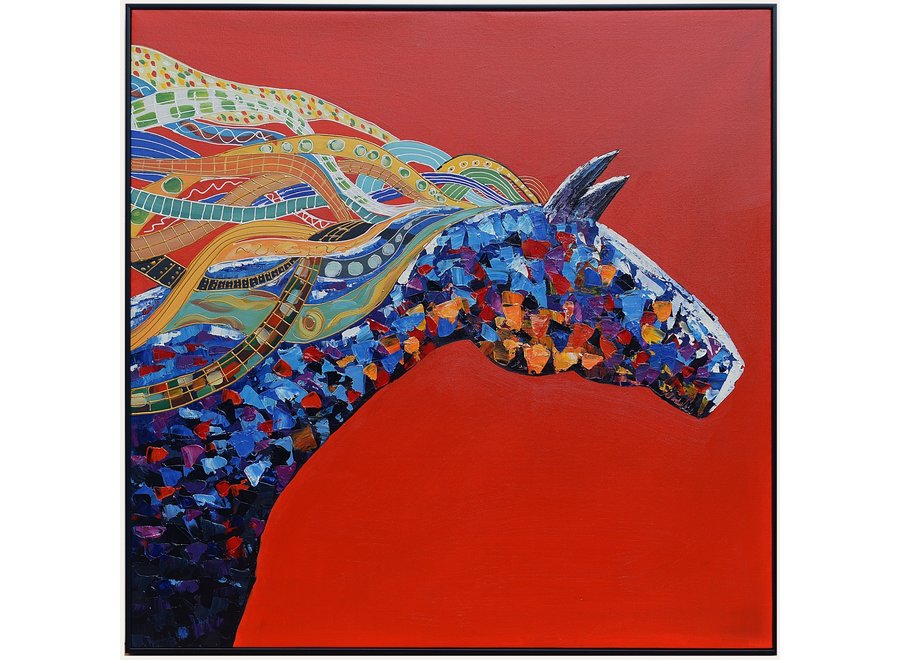 Pintura Al Óleo Cuadro Pintado a Mano 3D Efecto Relieve Marco Negro 100x100cm Caballo Roja