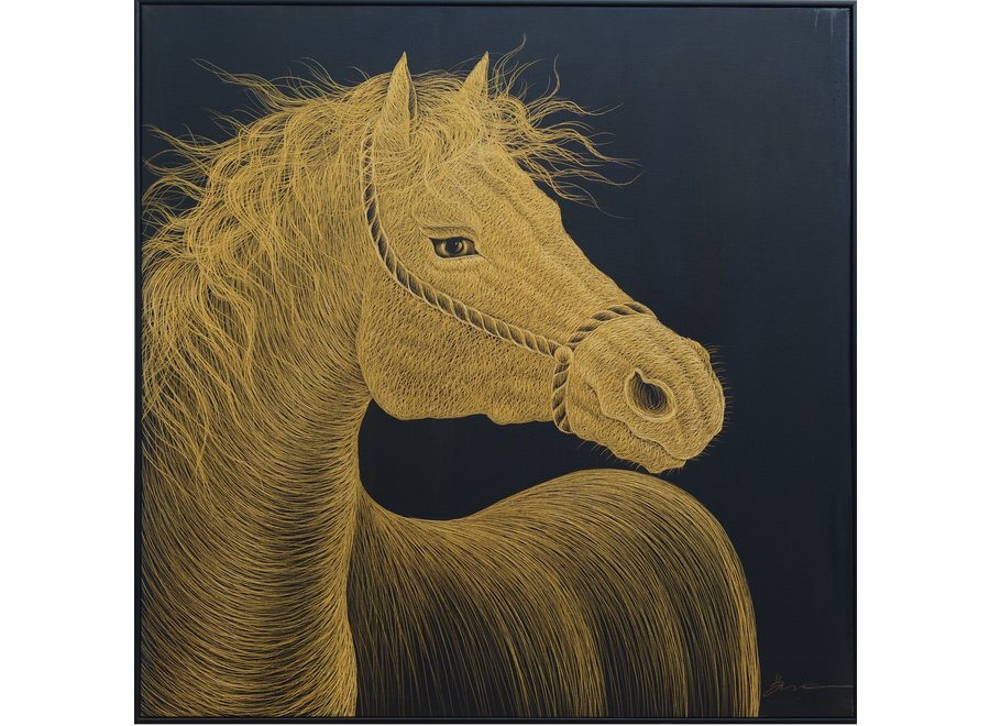 Pittura Ad Olio Intagliato a Mano 3D in Rilievo Cornice Nero 100x100cm Cavallo