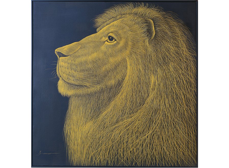 Pittura Ad Olio Intagliato a Mano 3D in Rilievo Cornice Nero 100x100cm Leone