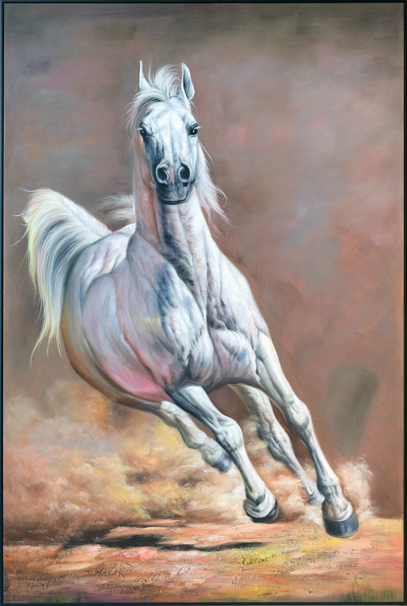 Fine Asianliving Pittura Ad Olio Dipinto a Mano 3D in Rilievo Cornice Nero  100x150cm Cavallo Bianco - Fine Asianliving