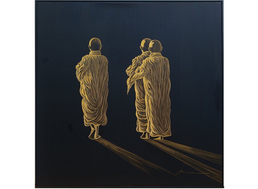 Fine Asianliving Oil Painting 100% Handcarved 3D Relief Effect Black Frame 100x100cm Monks