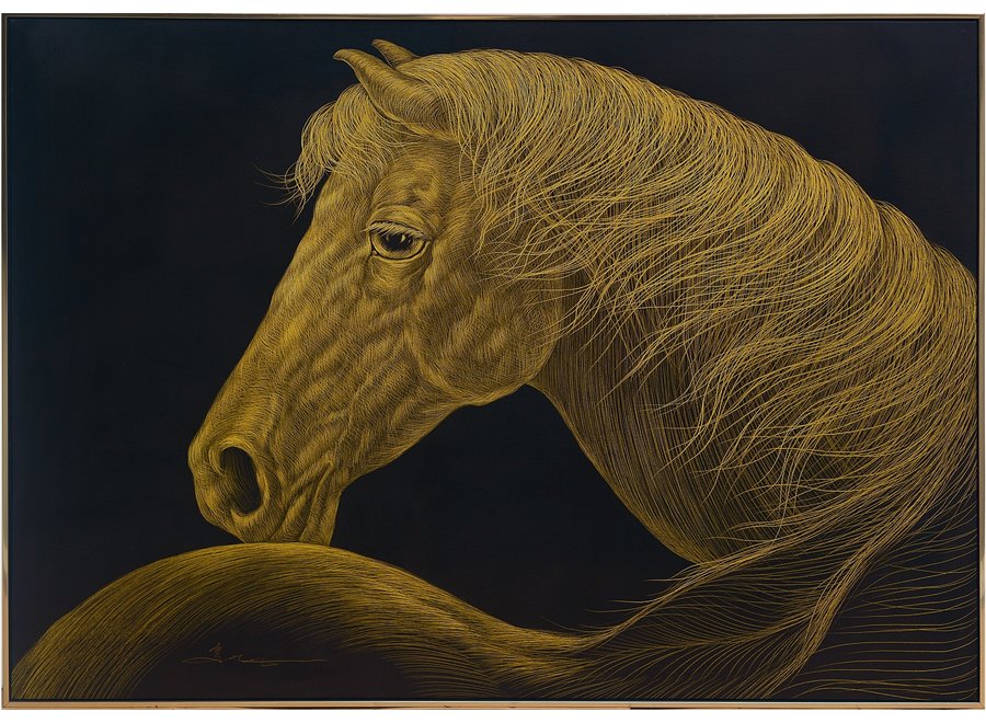 Ölgemälde 100% Handgeschnitzt 3D Texture Rahmen Schwarz 120x90cm Pferd