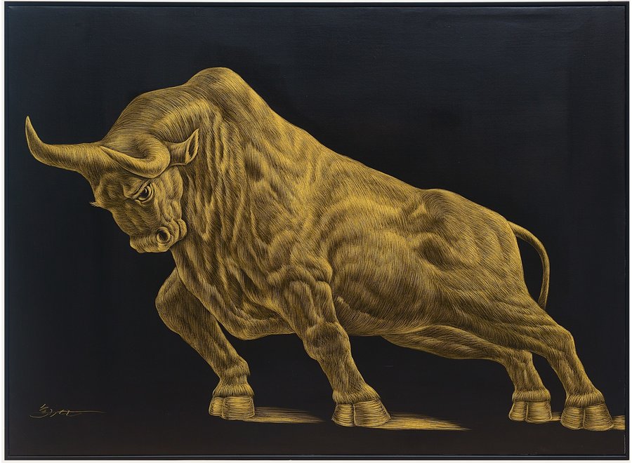 Pintura Al Óleo Cuadro Tallado a Mano 3D Efecto Relieve Marco Negro 120x90cm Toro