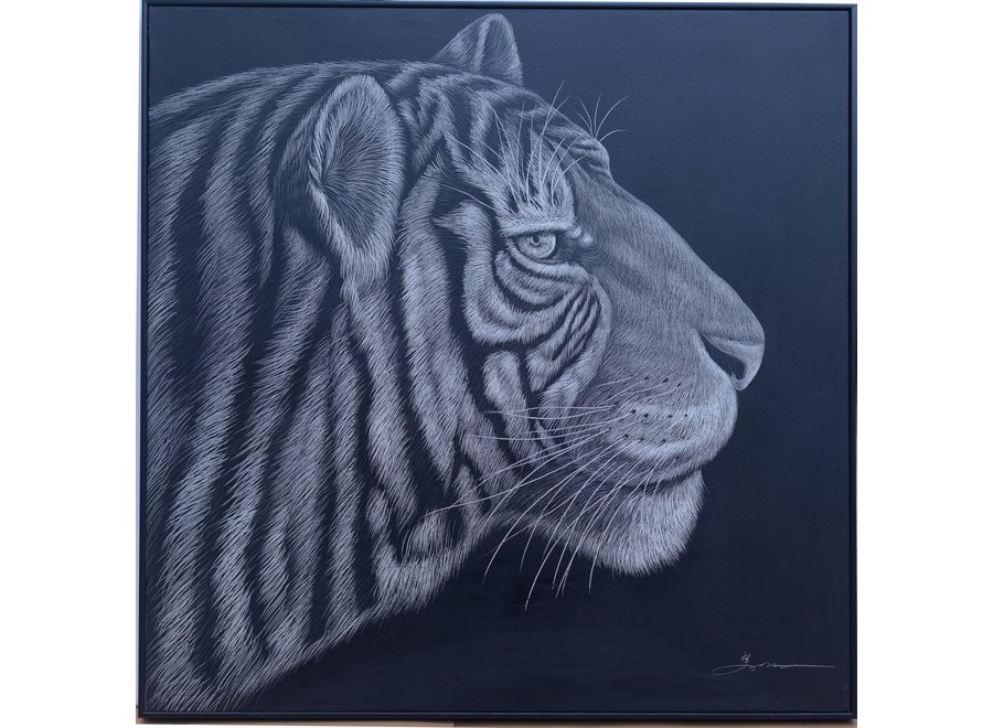 Pintura Al Óleo Cuadro Tallado a Mano 3D Efecto Relieve Marco Negro 100x100cm Tigre