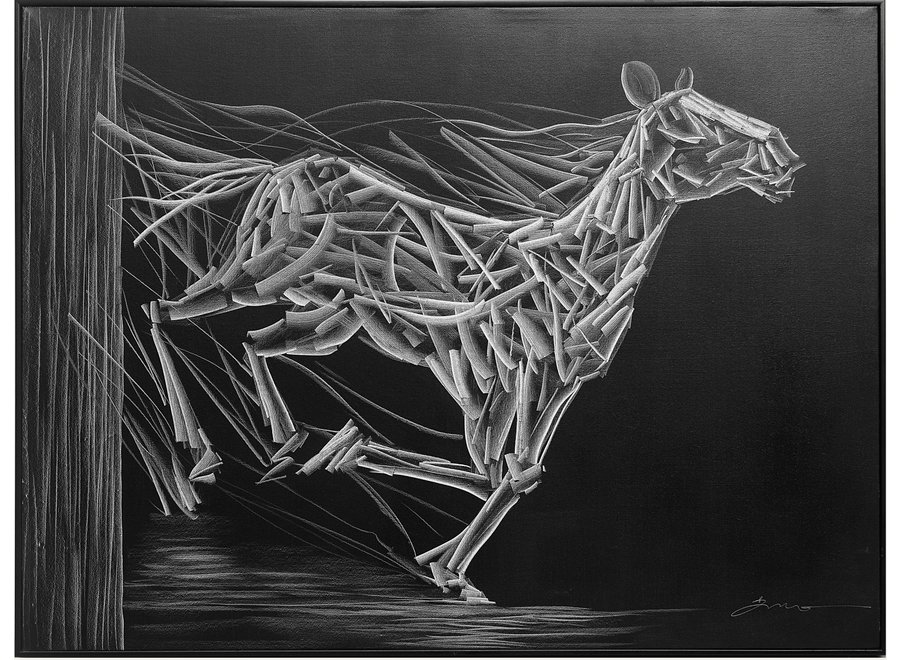 Peinture á l'Huile 100% Sculpté à La Main 3D Effect Relief Cadre Noir 120x90cm Cheval