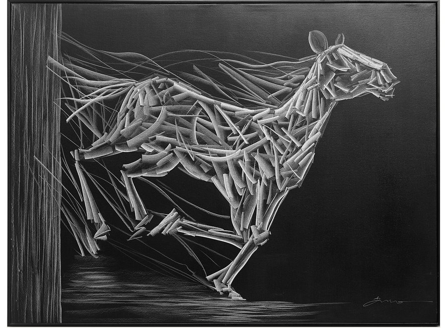 Pittura Ad Olio Intagliato a Mano 3D in Rilievo Cornice Nero 120x90cm Cavallo
