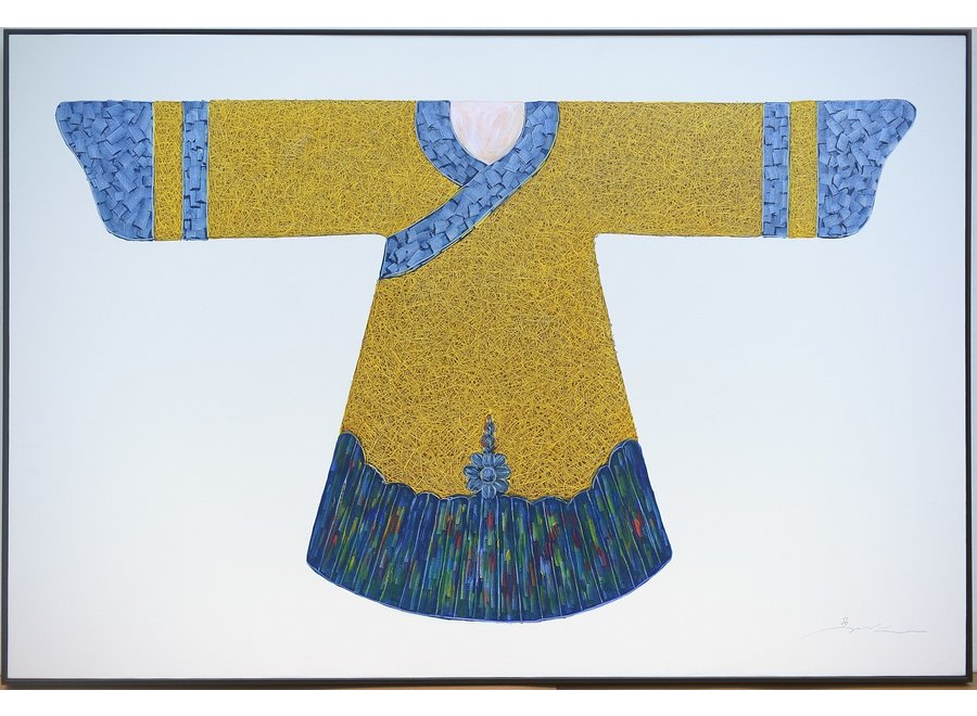 Pintura Al Óleo Cuadro Pintado a Mano 3D Efecto Relieve Marco Negro 150x100cm Kimono Amarillo Azul