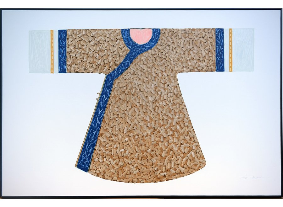 Pintura Al Óleo Cuadro Pintado a Mano 3D Efecto Relieve Marco Negro 150x100cm Kimono Azul Blanco