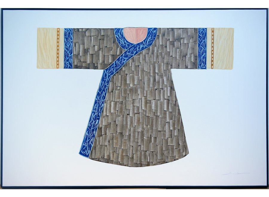 Peinture á l'Huile 100% Peint á La Main 3D Effect Relief Cadre Noir 150x100cm Kimono Bleu Naturel