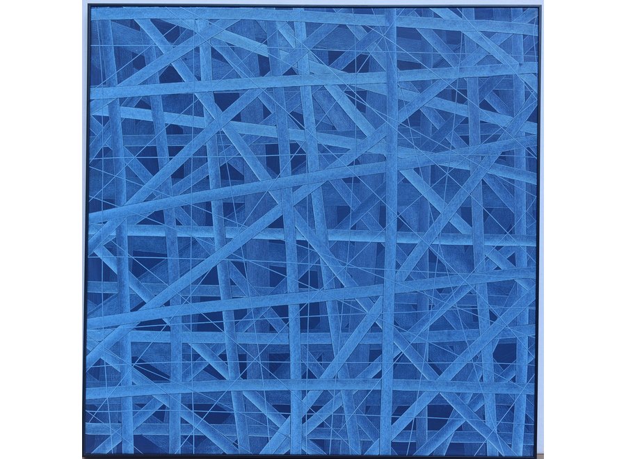 Peinture á l'Huile 100% Sculpté à La Main 3D Effect Relief Cadre Noir 100x100cm Bleu