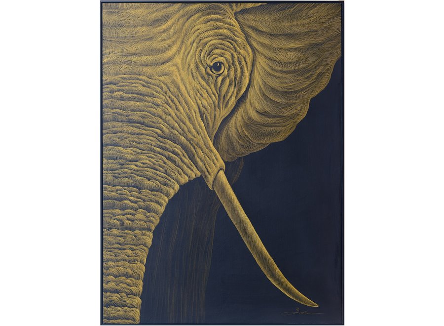 Pintura Al Óleo Cuadro Tallado a Mano 3D Efecto Relieve Marco Negro 90x120cm  Elefante a La Izquierda
