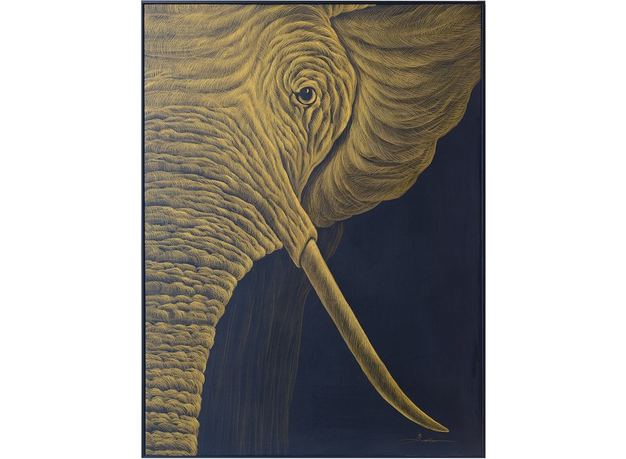 Pittura Ad Olio Intagliato a Mano 3D in Rilievo Cornice Nero 90x120cm Elefante a Sinistra