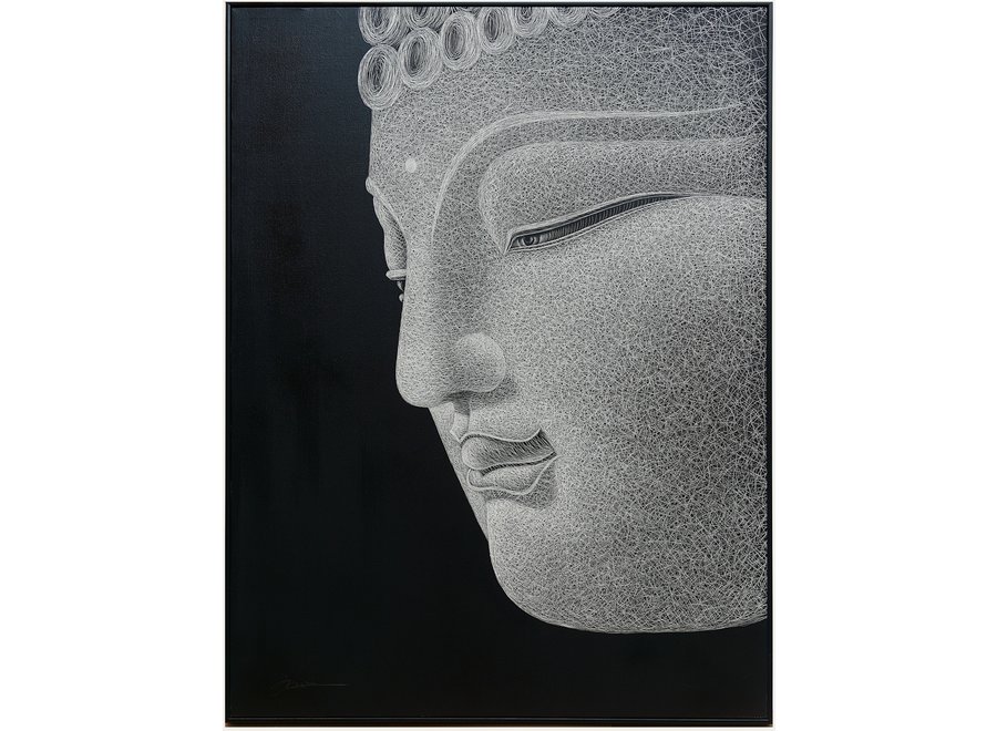 Pintura Al Óleo Cuadro Tallado a Mano 3D Efecto Relieve Marco Negro 90x120cm Buda Gris