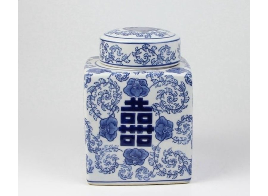 Chinesische Deckelvase Blau Weiß Porzellan Handbemalt Doppeltes Glück B16xT16xH22cm