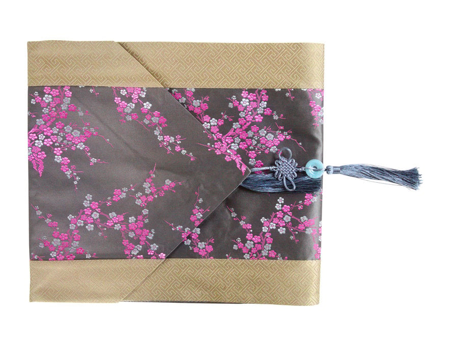 Chinese Table Runner 33x190cm Blossoms Grey Pink