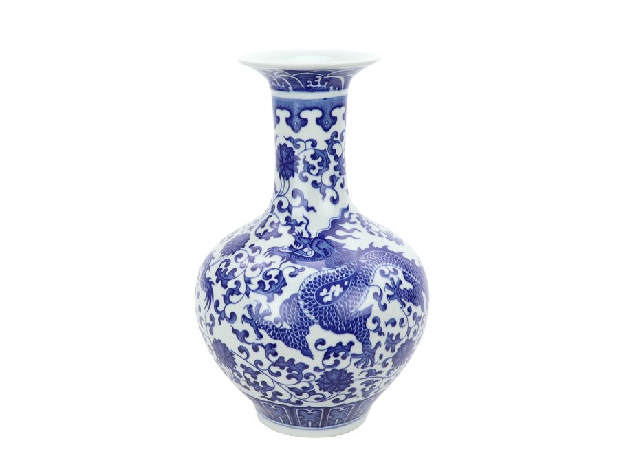 Jarrón de Porcelana Chino Dragón Azul y Blanco D.22 x Alt.35 cm