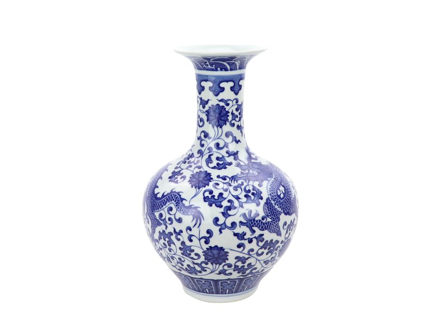 Vase Chinois Porcelaine Dragon Bleu et Blanc Diam22xH35cm