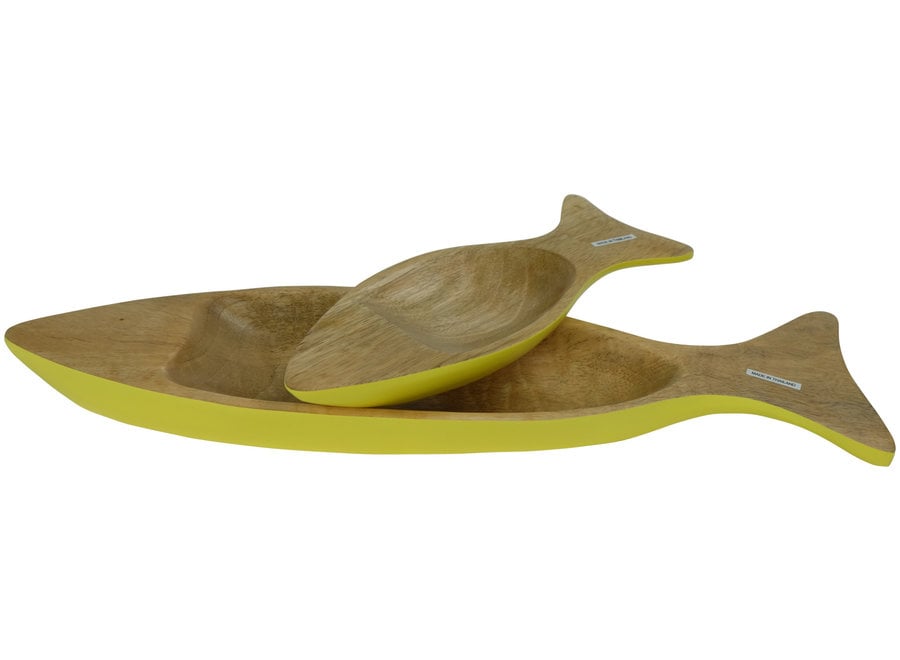 Fine Asianliving Mango Wood Decorative Plates Set/2 Fish Handmade in Thailand Yellow