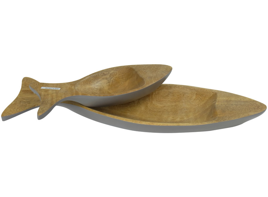 Mango Wood Decorative Plates Set/2 Fish Handmade in Thailand Grey