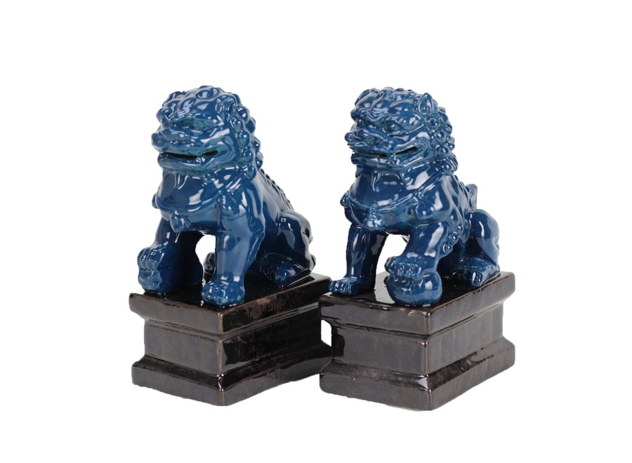 Ensemble Chiens Foo Chinois Gardiens de Temple Lions Marine/2 Porcelaine Fait Main L9xP9xH16cm