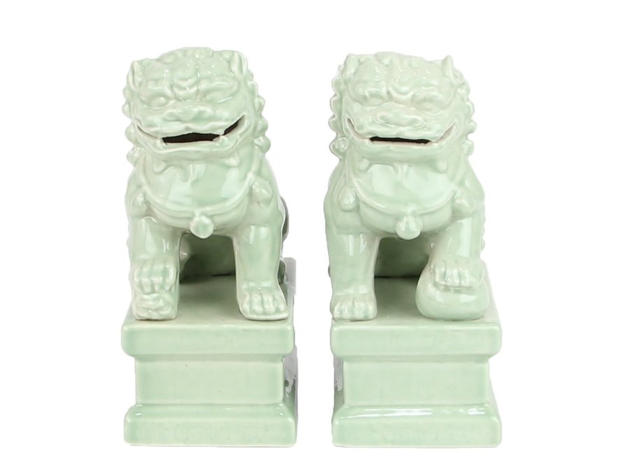 Ensemble Chiens Foo Chinois Gardiens de Temple Lions Menthe/2 Porcelaine Fait Main L6xP8xH15cm