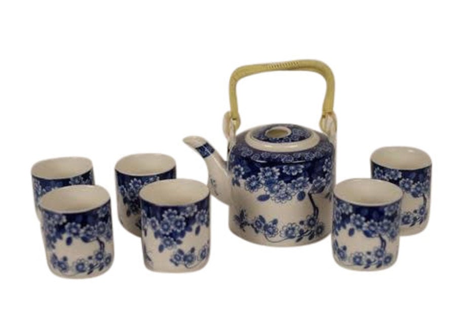 Juego de Té Chino/7 Porcelana Pintada a Mano Flores Mariposas Azul Blanco