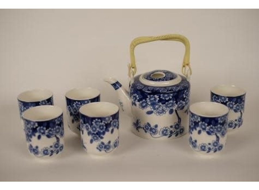 Ensemble Service a Thé Chinois/7 Porcelaine Peinte à la Main Fleurs Papillons Bleu Blanc