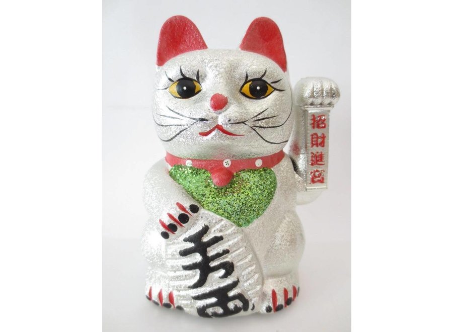 Japanese Lucky Cat Glitter Silver Medium