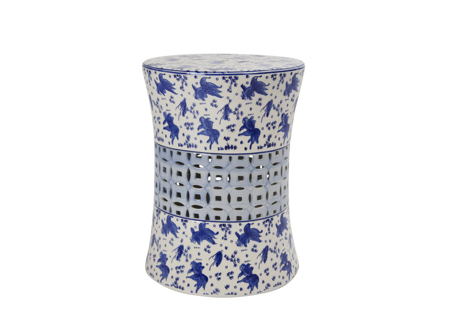 PREORDER WEEK 19 Tabouret Céramique Chinois Poissons Koi Bleu Blanc D33xH46cm