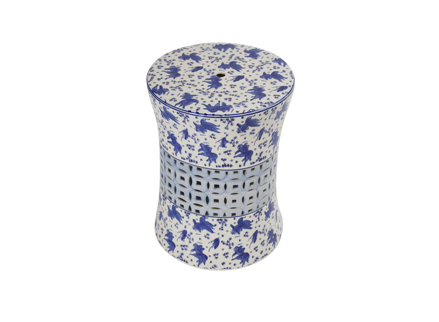 Sgabello in Ceramica Cinese Pesci Koi Blu Bianco D33xH46cm