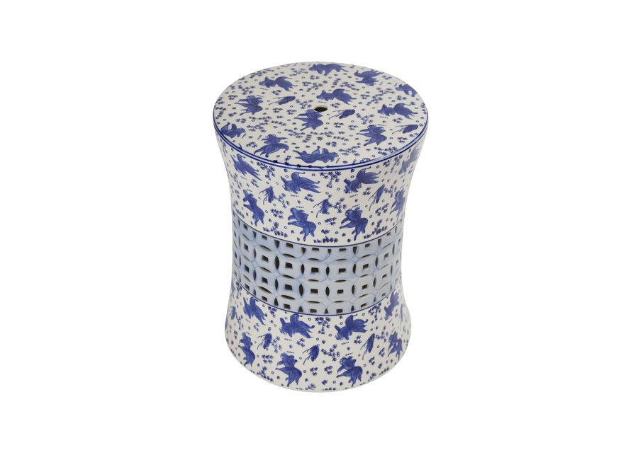 Tabouret Céramique Chinois Poissons Koi Bleu Blanc D33xH46cm