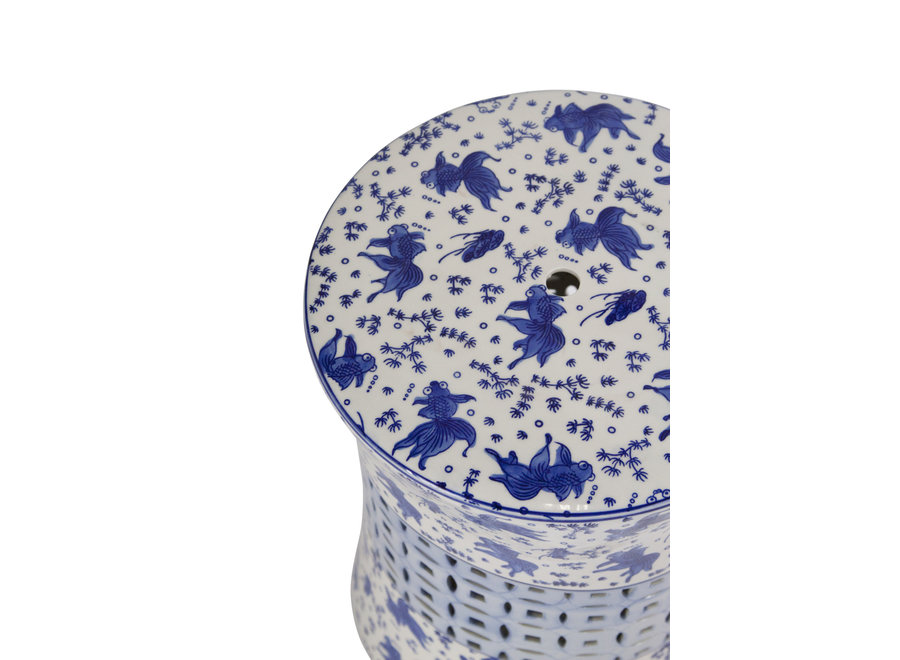 Tabouret Céramique Chinois Poissons Koi Bleu Blanc D33xH46cm