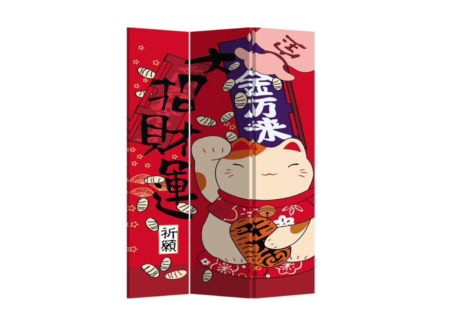 Paravent Chinois en Toile L120xH180cm 3 Panneaux Chat Chanceux