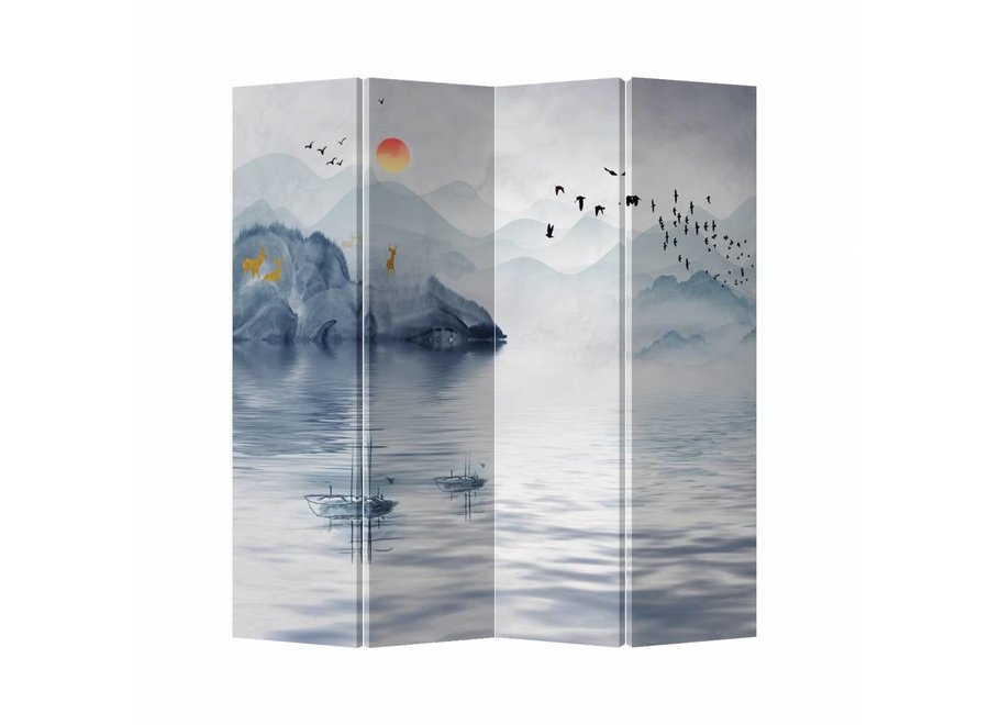 Canvas Room Divider Privacy Screen 4 Panel Lake And Landscape Two-sided