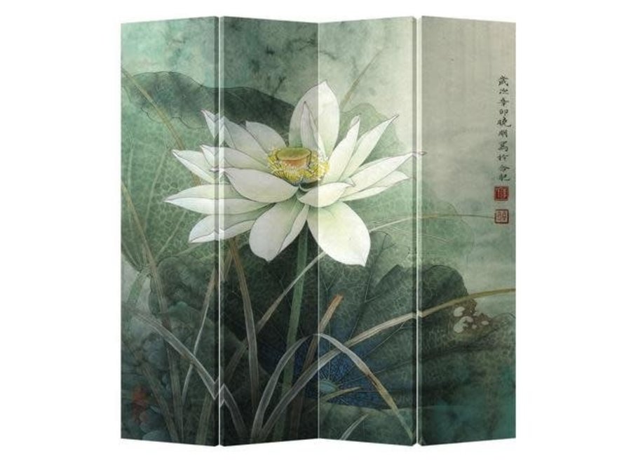 Chinese Oriental Room Divider Folding Privacy Screen 4 Panel White Lotus L160xH180cm