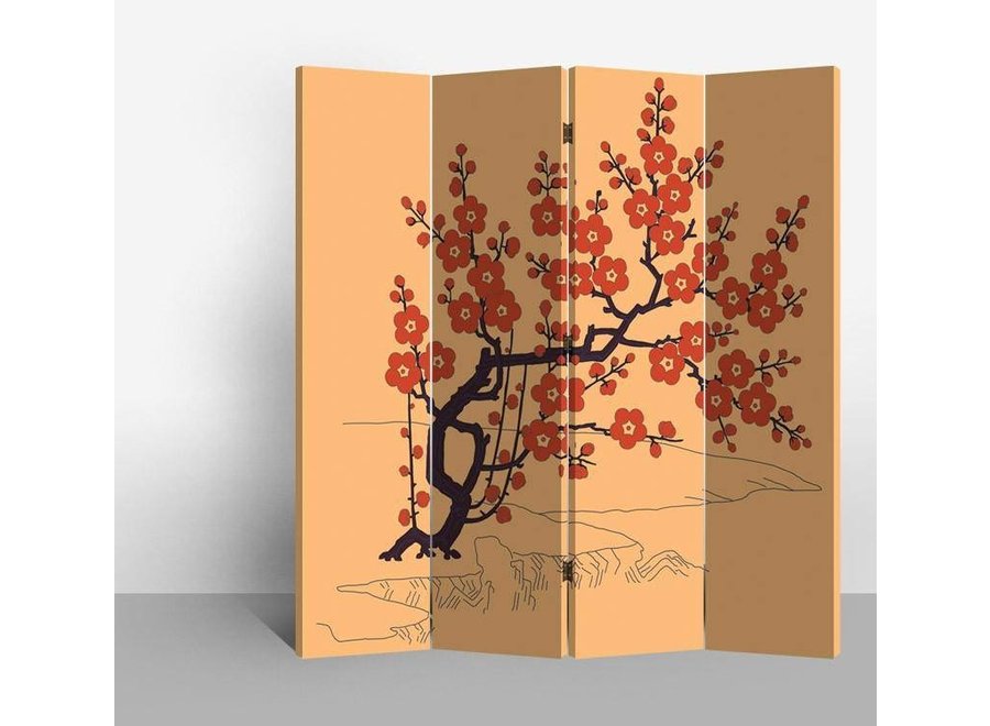 Paravent Japonais Japonais L160xH180cm 4 Panneaux Fleurs de Cerisier Rouges