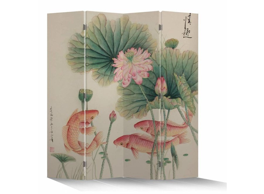 Chinesische Paravent Raumteiler B160xH180cm 4-teilig Lotus und Karpfen Weiß