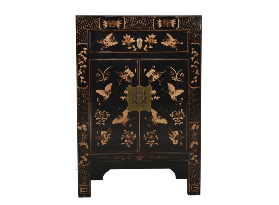 Table de Chevet Chinoise Papillons Peints à la Main Noir L40xP32xH60cm