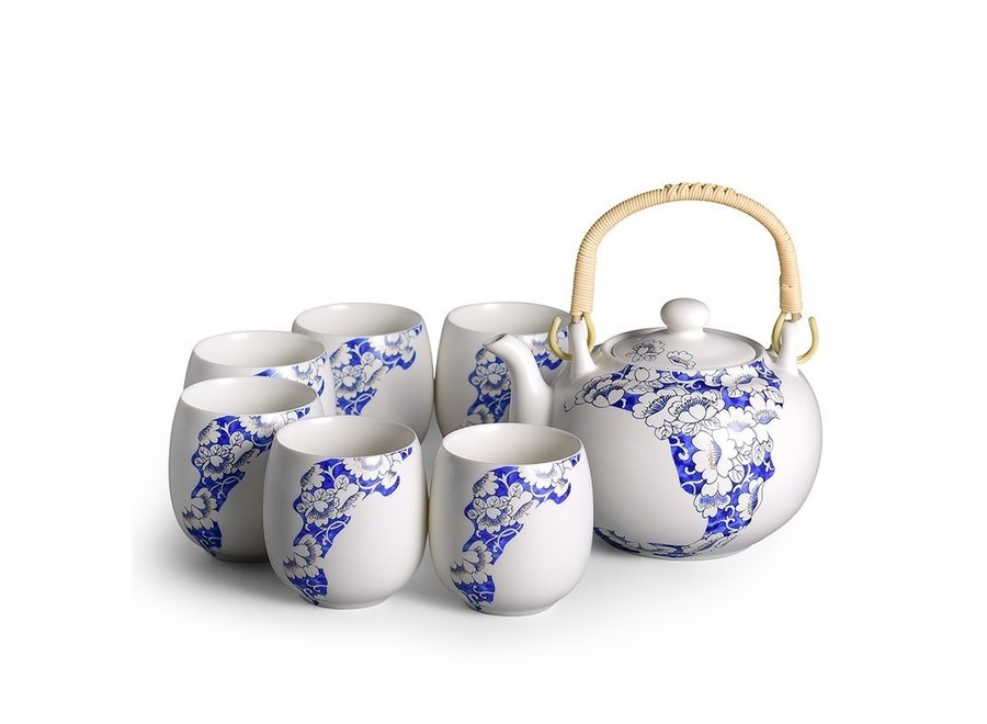 Set da Tè Cinese/7 Porcellana Dipinta a Mano Fiori Blu