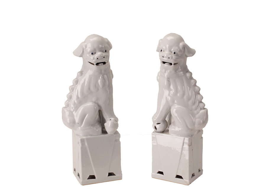 Ensemble Chiens Foo Chinois/2 Porcelaine Blanc Fait Main D10xH27cm