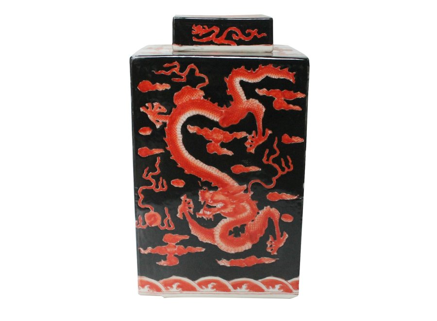 Pot à Gingembre Chinois Dragon Rouge et Noir Peint à la Main L18xP18xH34cm