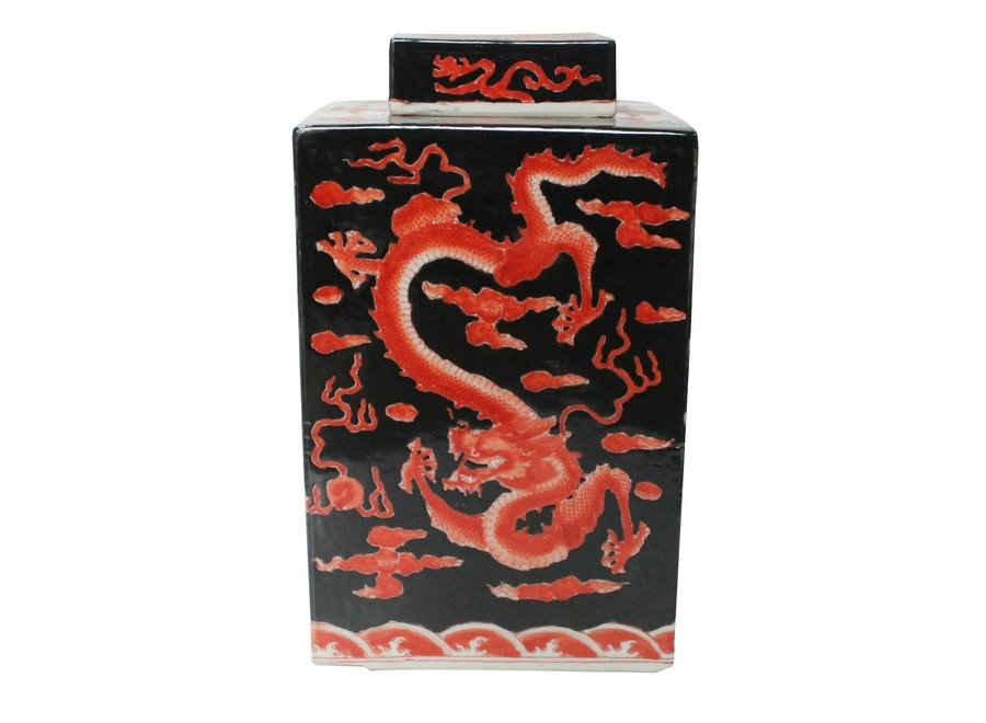 Tarro de Jengibre Chino Dragón Pintado a Mano Rojo y Negro Anch.18 x Prof.18 x Alt.34 cm
