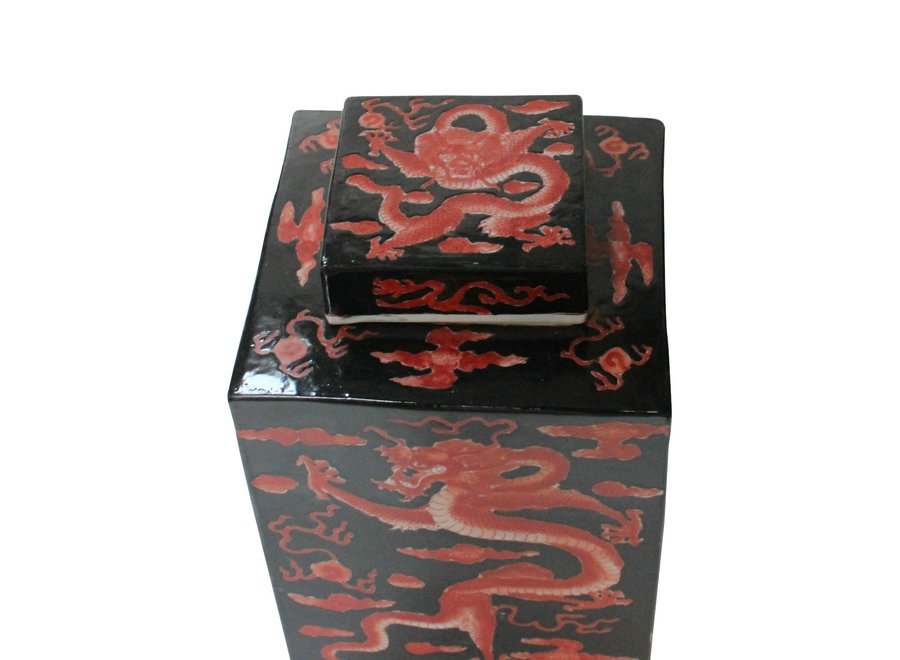 Pot à Gingembre Chinois Dragon Rouge et Noir Peint à la Main L18xP18xH34cm