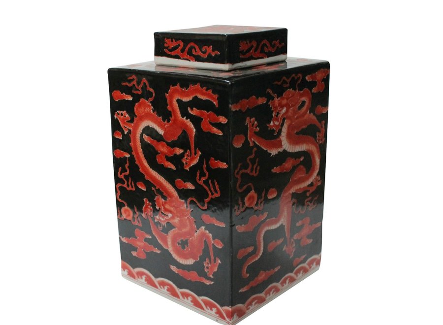 Pot à Gingembre Chinois Dragon Rouge et Noir Peint à la Main L18xP18xH34cm