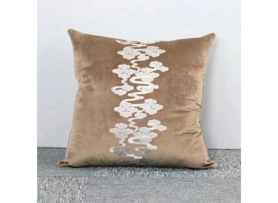 Cushion Throw Pillow Hand Embroidered Velvet Beige Clouds 55x55cm