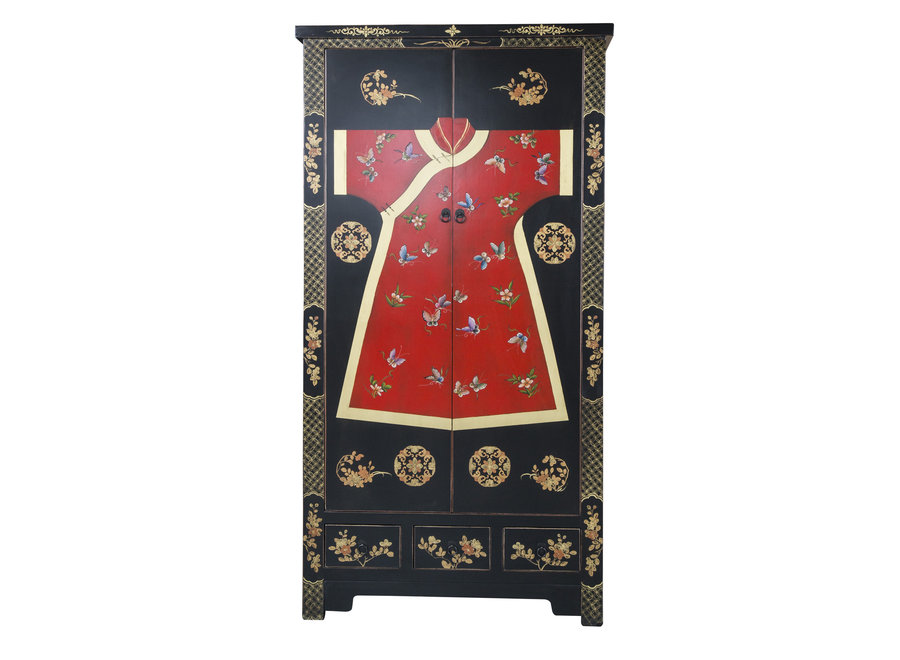 Armoire Chinoise Noire Kimono Peinte à la Main L100xP55xH190cm