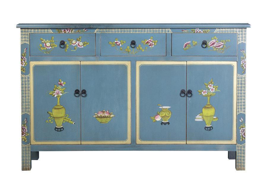 Credenza Cinese Blu Dipinta a Mano L140xP34xA90cm