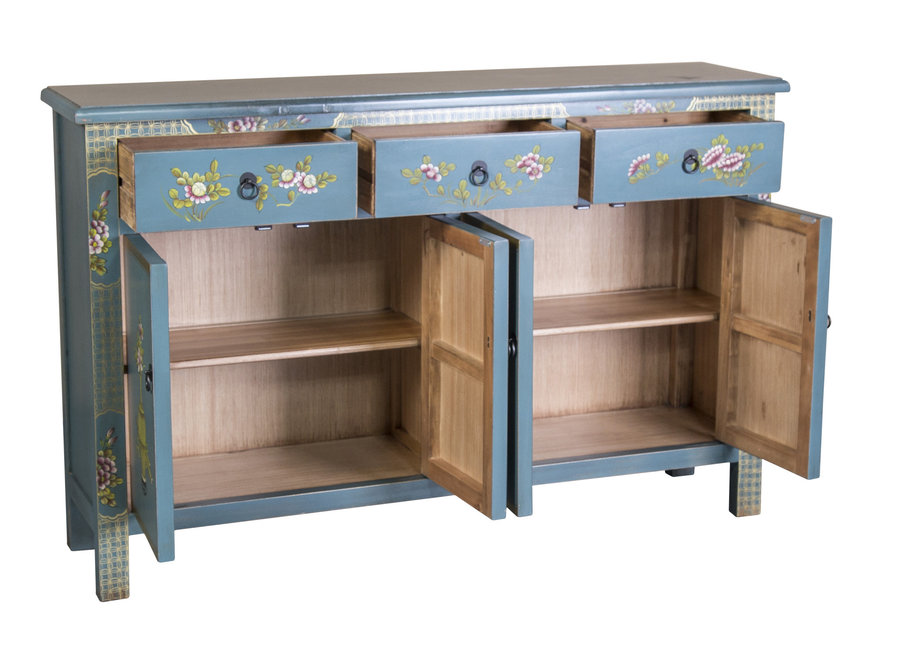 Buffet Chinois Bleu Peint à la Main L140xP34xH90cm