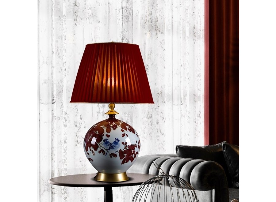 Lampada da Tavolo Cinese Fiori Rossi in Porcellana con Paralume D40xAlt61cm  - Fine Asianliving